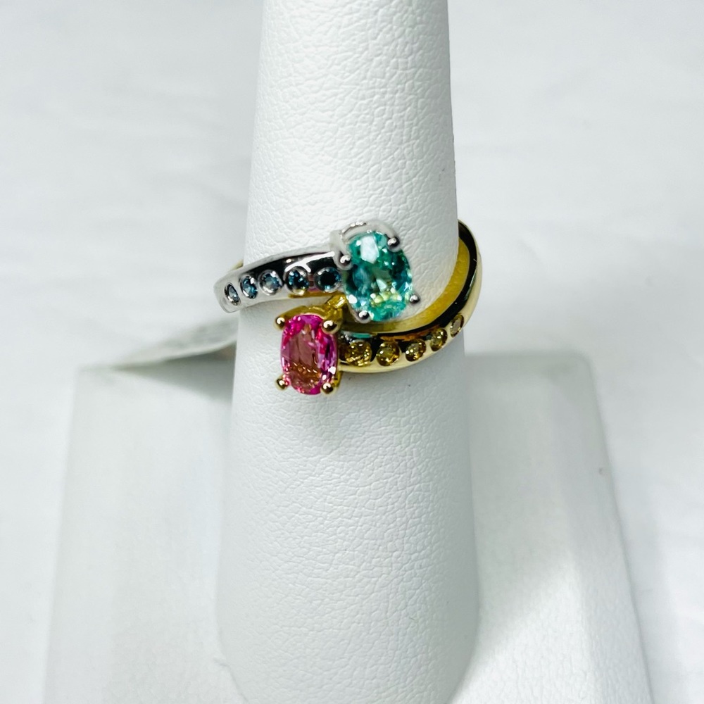 Paraiba and Pink Sapphire Ring with Blue and Yellow Diamonds Size 6.5